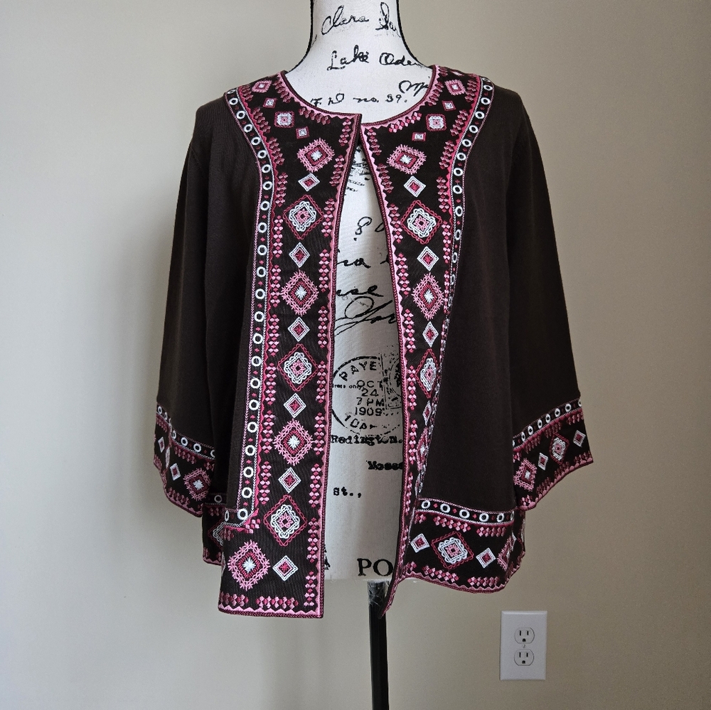 Peter Nygard Brown Cardigan with Pink and White Embroidered Trim